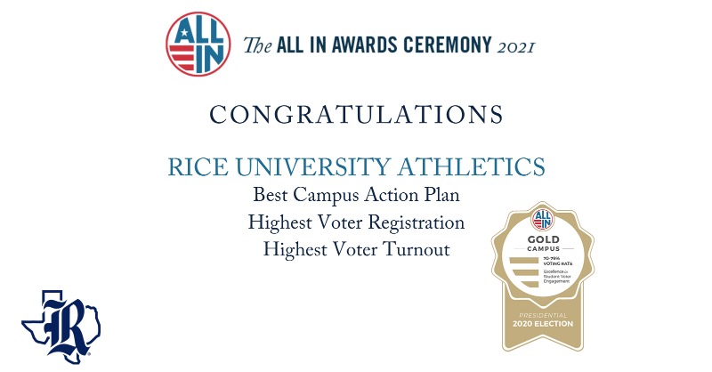RiceAthletics's tweet photo. We're proud to be recognized as recipients of the 2021 #ALLINAwards for Highest Voter Registration and Highest Voter Turnout among @ConferenceUSA! 🎉

@RiceUniversity is committed to voter registration, education, &amp; mobilization.

#GoOwls👐 x #RICEngaged