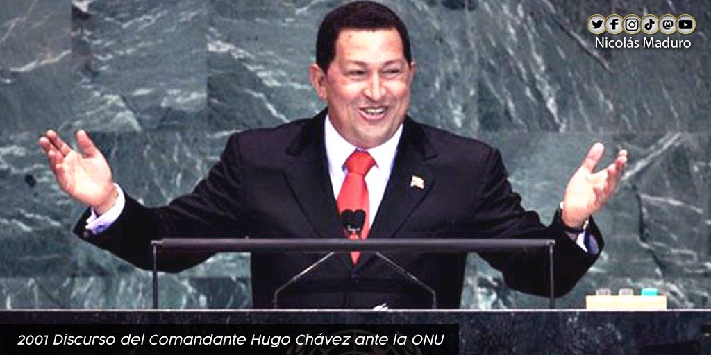 NicolasMaduro's tweet photo. Recordamos los 20 años del célebre discurso de nuestro Comandante Chávez ante la ONU; hizo un llamado a los gobiernos y pueblos del mundo a rechazar el terrorismo y la guerra, para transitar hacia la Paz y la autodeterminación. ¡Salvemos al mundo! https://t.co/gi7eWw4BcT