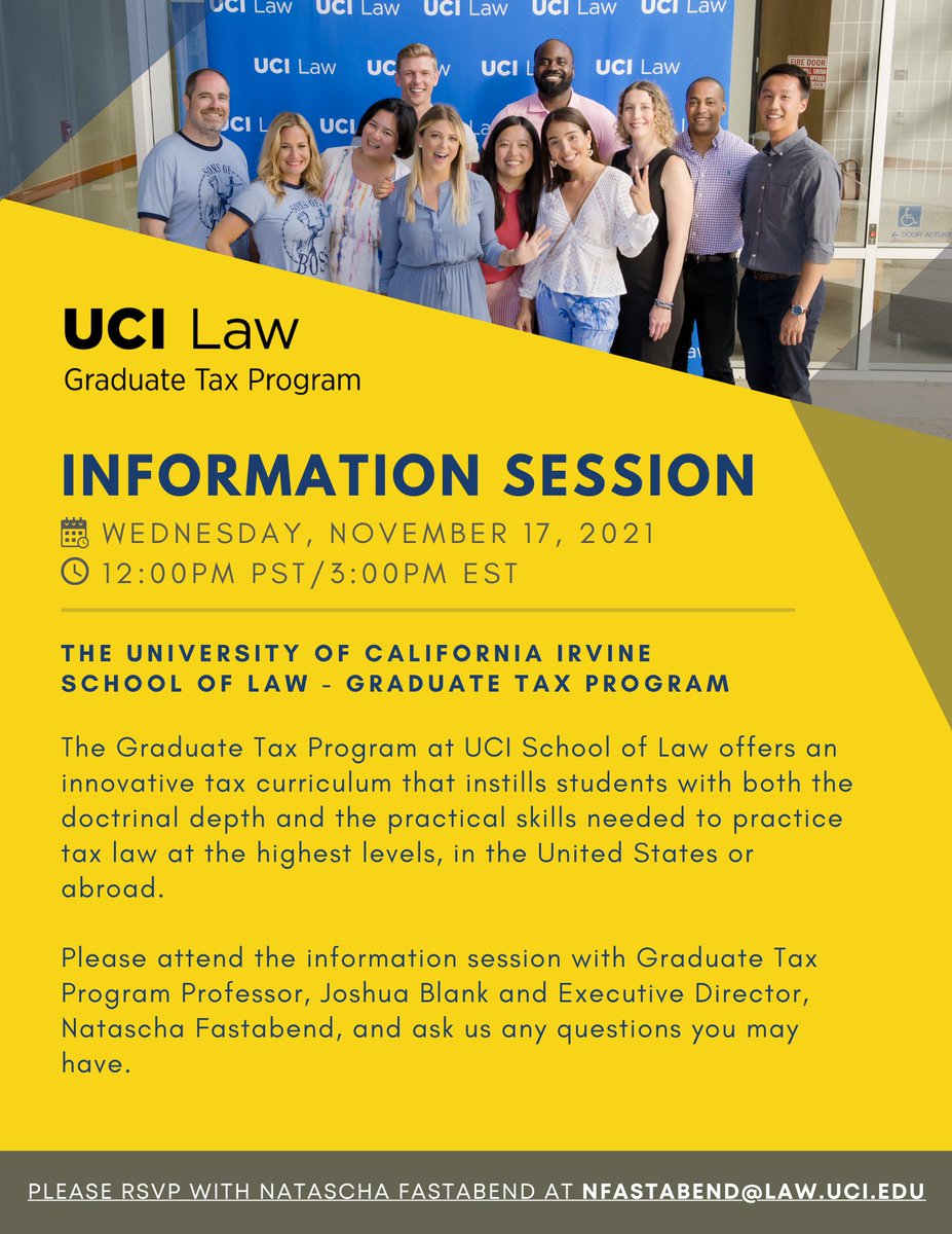 UCILawGradTax's tweet photo. Interested in a career in #taxlaw? Join the @UCILawGradTax program’s Professor @JoshuaDBlank
& Executive Director @NFastabend on Nov 17 for a virtual information session! RSVP with Natascha at nfastabend@law.uci.edu
#gradtax #taxtwitter #TaxLaws #ucigradtax #ucilaw https://t.co/19hutCBlWv