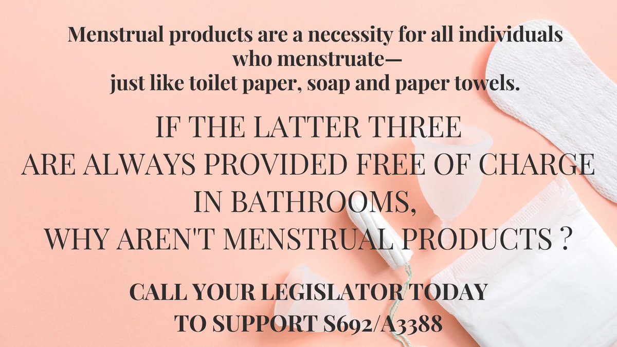 periodNJ's tweet photo. Menstrual products are a necessity for all individuals who menstruate— just like toilet paper, soap and paper towels. If the latter three are always provided free of charge in bathrooms, why shouldn’t menstrual products be too? 

Call or Email your Legislators about NJ S692/A3388 https://t.co/hCJkXvc0v7
