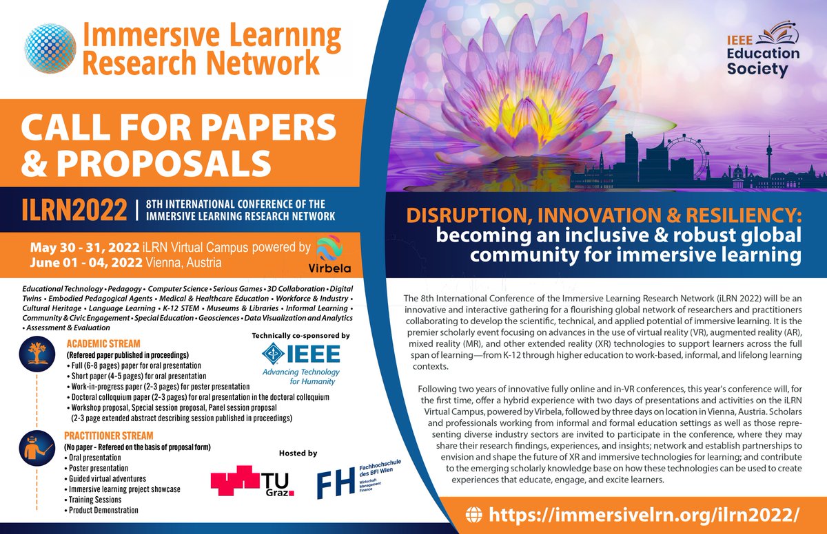 immersiveLRN's tweet photo. What will YOU present at #iLRN2022?

full Call for Papers is here! Please share &amp; post to #Computer_Science, #GameDev, &amp; #Learning Science-related circles, everywhere!

Partnered w/@IEEE_EduSoc for Technical CoSponsorship! 

#XR #EdTech #Multiverse 
PDF@ https://t.co/IJ6jdh4L5M https://t.co/9HfuJOIyPe