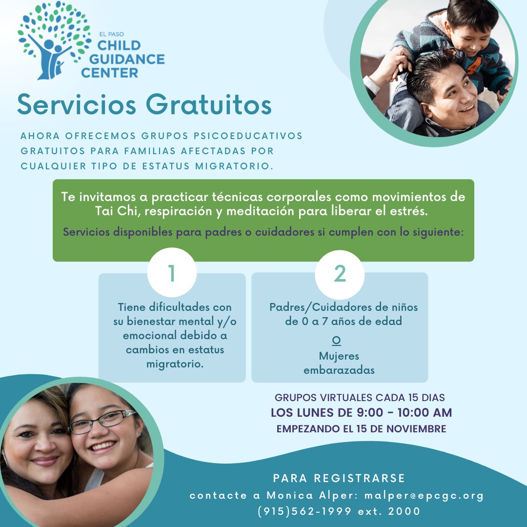 ✨Ahora ofrecemos servicios gratuitos para familias empezando este 15 de Noviembre! Por favor llame y registrese. ✨Join us for a new workshop for families. The class will be in Spanish on Mondays from 9am - 10am. Please call to register. #eptx #elpasotexas #freementalhealth