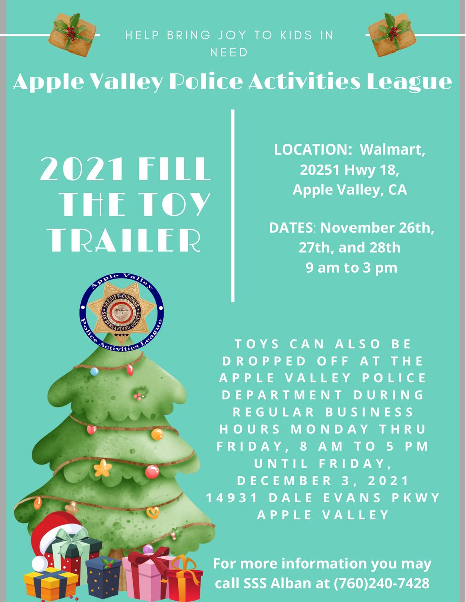 AppleVllyPolice's tweet photo. Our Toy Drive has officially started! Help us collect toys for children and teens in our community! ๐ฎ๐๐
#AppleValleyPD #CommUnity https://t.co/Av2qxSXmxu