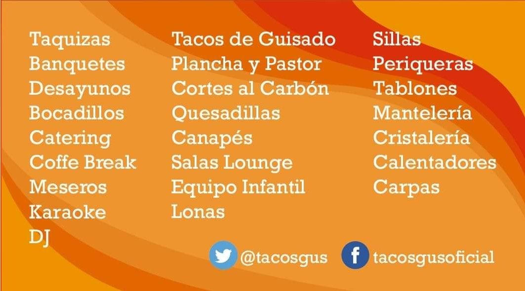 tacosgus's tweet photo. Contamos con todo para tus eventos. 
Servicio de taquizas, tres tiempos, desayunos empresariales, canapés,coffee break, parrilladas, antojitos mexicanos...

¡Pregunta por nuestros paquetes!

Contactanos al 5580628460 https://t.co/2A6LbGLNhu