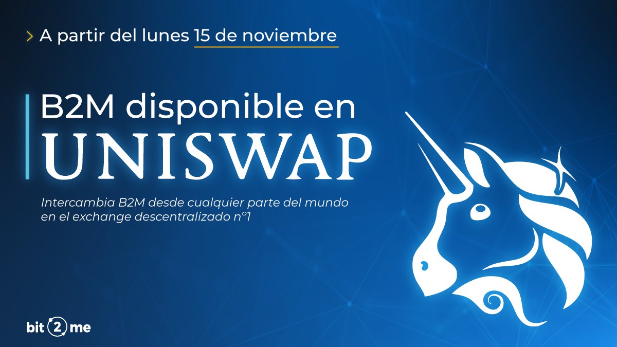 bit2me's tweet photo. 💣️💥 Tenemos una NOTICIA BOMBA 💣️💥

🦄 B2M llega a @Uniswap 

A partir del LUNES 15 a las 15:00 (UTC+1), rompemos las fronteras para que #B2MToken se pueda adquirir en cualquier país, desde el mayor EXCHANGE #DESCENTRALIZADO del mundo y sin intermediarios. https://t.co/D3aDmt3gfG