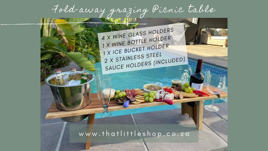 This Fold-away Grazing #PicnicTable is foldable, making it easy to store &amp; transport wherever you want to have a romantic picnic or entertain friends.
#thatlittleshop #decor #homeware #gifts #christmasgift #foldingtable #grazingtable #outdoorliving #madeinsouthafrica #shoplocalsa
