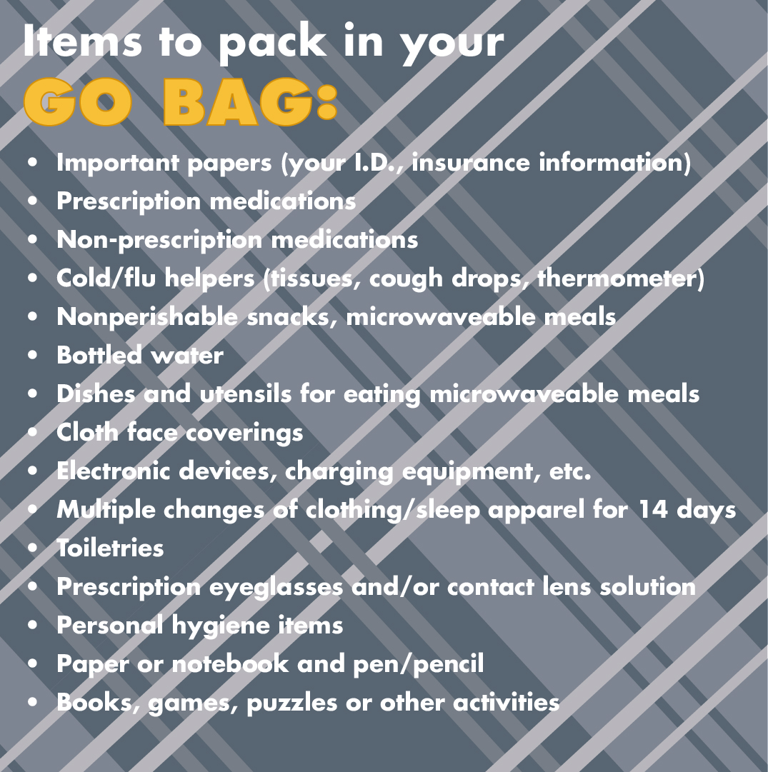 uwmreshalls's tweet photo. Do you have a go-bag packed in case you need to quickly relocate to isolate or quarantine? University Housing recommends packing a bag with important papers, medications, and comfort items - just in case! You can read more in our FAQ: https://t.co/w3pTkzqhn3 https://t.co/Qgp5oayfLZ