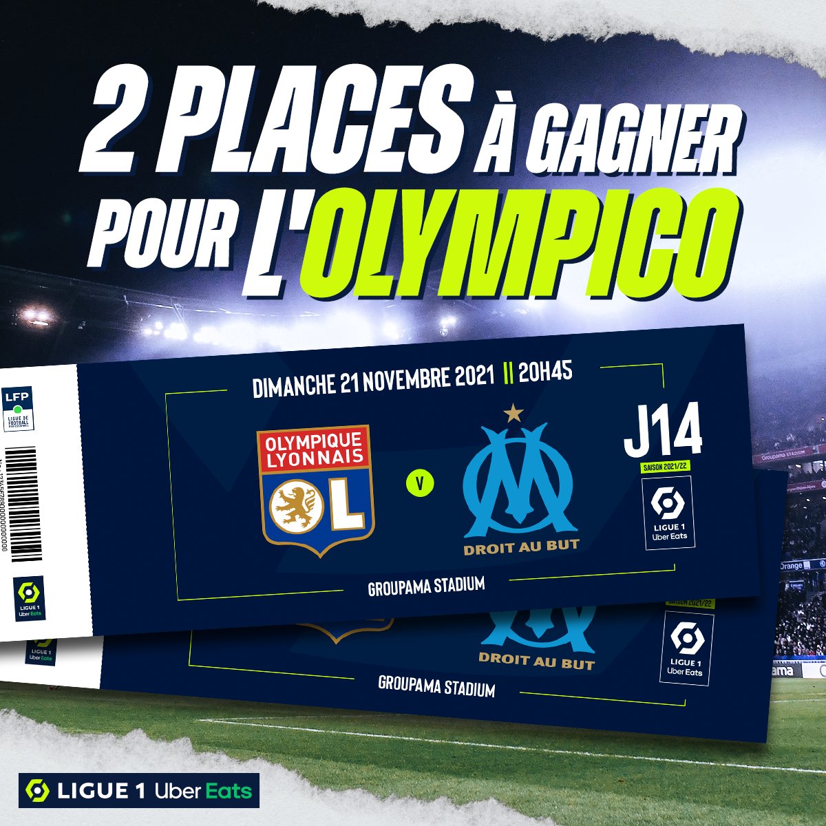 Ligue1's tweet photo. Et si on vous disait qu'on offrait 2 places pour l'Olympico... 👀🔥

Pour remporter ce cadeau incroyable, il suffit de :
✓ RT + Follow @Ligue1UberEats 
✓ Mentionner en commentaire la personne qui vous accompagnera au match
✓ Croiser les doigts 🤞

#OLOM 🔜 @OL 🆚 @OM_Officiel https://t.co/vpRY5qKo6k