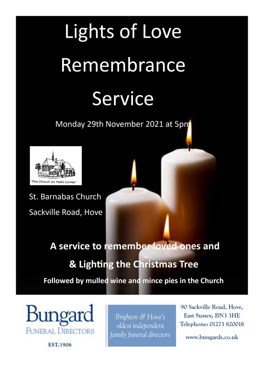 "Lights of Love" Remembrance Service. Join us outside St Barnabas Church, Hove on Monday 29th November 2021 at 5pm as we remember loved ones and turn on the lights of Christmas Tree.  Fr John has prepared a  service by the Tree and we are providing Mulled Wine and Mince Pies.