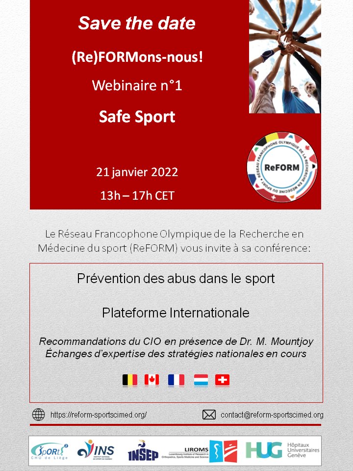 ReFORM_Network's tweet photo. 📆 Bloquez vos agendas: le 21 janvier prochain, ReFORM organise un webinaire sur la prévention des abus dans le sport 👊 Au programme: présentations d'expert.e.s du domaine et table ronde avec les acteurs et actrices de terrain 🤝Programme et inscriptions (gratuites) suivront 👇 https://t.co/if6QemEg2Z