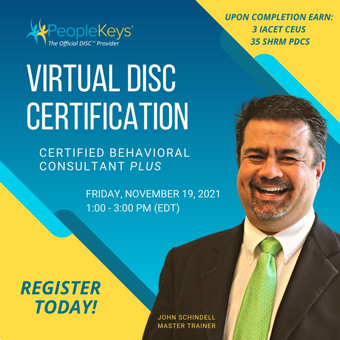 Peoplekeys's tweet photo. Level up your people skills for 2022! The Certified Behavioral Consultant Plus course, combines self-paced and live #DISC training components. Don't miss out - Register today for Nov. 19! https://t.co/hugjxUU3VK #DISCcertification #DISCtraining #CertifiedBehavioralConsultant https://t.co/qm9gGn1I4i