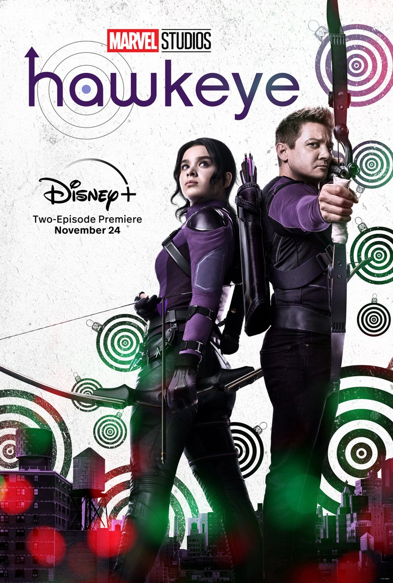 Disney's tweet photo. In two weeks, take aim with Marvel Studios’ @HawkeyeOfficial. 🎯 The first two episodes start streaming November 24, only on @DisneyPlus! https://t.co/acYL1hjKy4