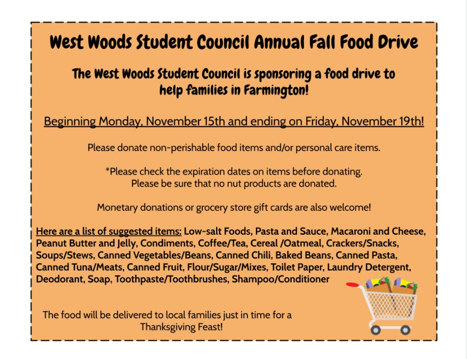 WWUESFarmington's tweet photo. Student Council is sponsoring their annual food drive Monday, November 15 - Friday, November 19th! Go Wildcats 🥘🍲#fpsleadingtheway https://t.co/45OrEzceSL