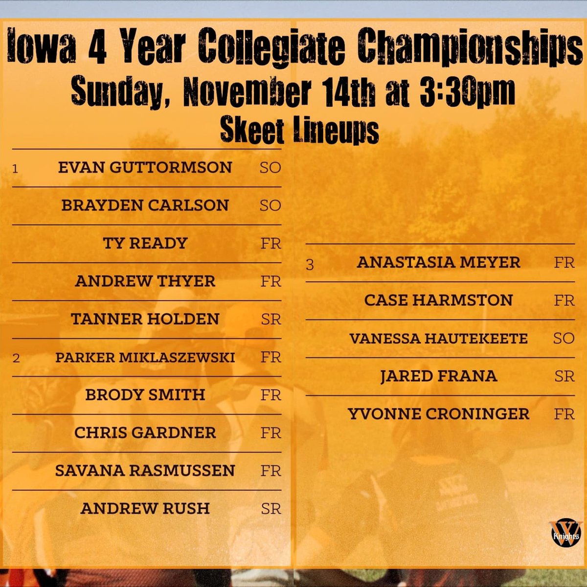 The official Wartburg Knights squad lineups for the SCTP Four 4 Year Collegiate Championships are here! Notice the field and station numbers next to each squad, this if where you can find your favorite Knight shooting this weekend! #GoKnights