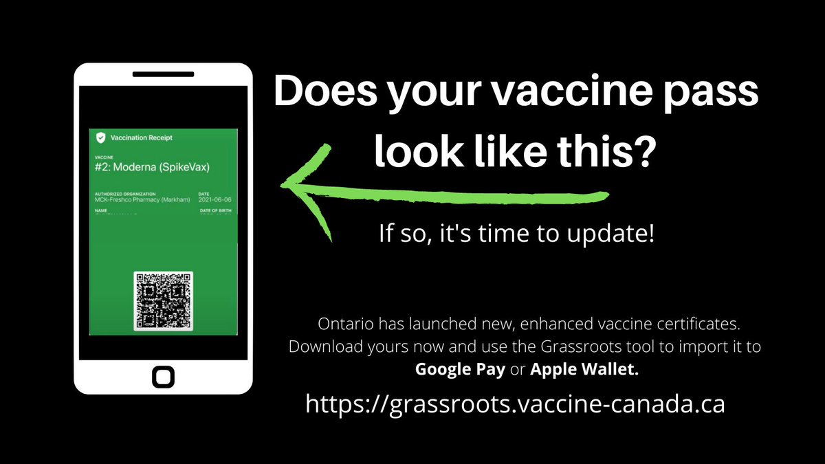 Still have a green or red version of your proof-of-vaccination card in your wallet? Time to update! 

New cards are white with black writing. Visit the Ontario Health website to update yours, then visit us over here at Grassroots to import it to Apple Wallet or Google Pay.