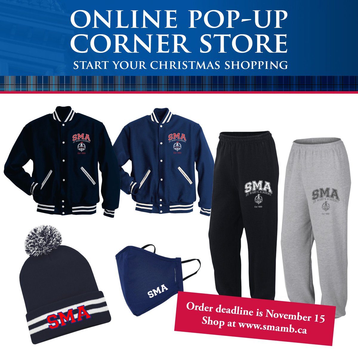 ONLINE STORE

SMA’s Parents’ Guild is pleased to announce an online pop-up Corner Store is open. This store is open until Monday, November 15. This is a great opportunity to get started on your Christmas shopping. Shop at teamstores.carberryinternational.com/SMA-eStore-Hom… 

Happy shopping.