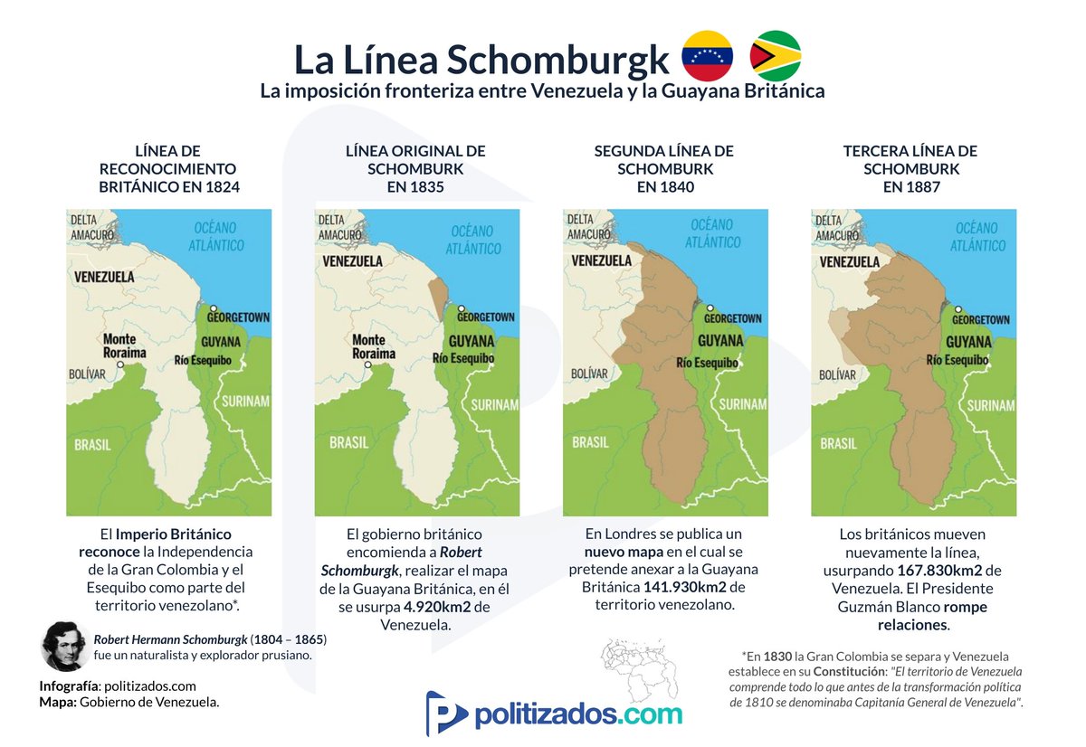 Politizados_com's tweet photo. 🇻🇪🇬🇧🇬🇾 #Colonialismo | La línea Schomburgk, la imposición fronteriza en el siglo XIX que aún intenta despojar a Venezuela de 168mil Km2 de territorio. https://t.co/y1fu3imad0