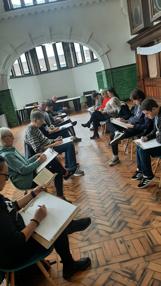 JayneLawless's tweet photo. Speed Sketching: the new way to meet people! Yesterday was the last club at @ListerStepsTOL and my sketchers bossed this challenge again! Sketch the person opposite you for 8 mins, reveal the sketch to each other then switch. 
I think it could take the dating scene by storm! 😉 https://t.co/xOGQnTCBYP