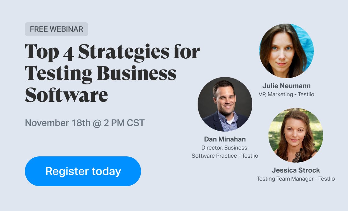 testlio's tweet image. 1 of 4 Strategies for Testing Business Software: Gain a competitive advantage with accessibility, localization, UX, and networked testing. 

Register here: hubs.ly/H0-Lkdq0

#LocalizationTesting #NetworkedTesting #AccessibilityTesting #SoftwareTesting #QA