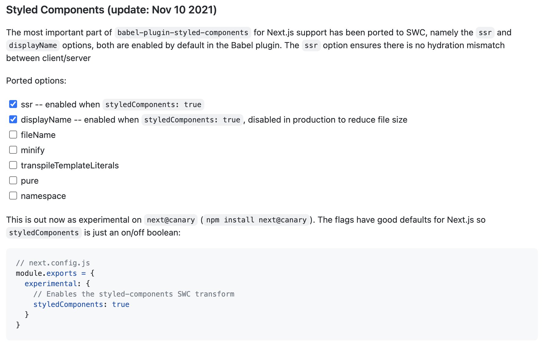 Tim on Twitter: "Good news for Next.js users that use styled-components, you can now use SWC! We've ported the critical option of babel-plugin-styled -components that prevents hydration mismatches to SWC 🚀 Learn more: Tim on Twitter: "Good news for Next.js users that use styled-components, you can now use SWC! We've ported the critical option of babel-plugin-styled -components that prevents hydration mismatches to SWC 🚀 Learn more: