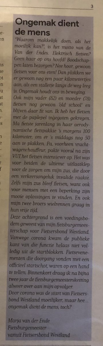 “Ongemak dient de mens”

Vandaag deze column in @hethelewestland als Westlandse Fietsburgemeester voor <a href="/FietsersbondW/">Fietsersbond Westland</a> 

Dus pak die ‘old school’ fiets, zoek de natuur op, ga fietsen voor je eten en word en/of blijf gezond!

#leefstijl #fietsenvoormijneten
<a href="/fietsenvooreten/">fietsenvoormijneten</a>