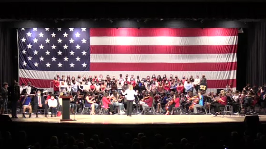 TJHSchoir's tweet photo. It's always a special day when our students honor our Veterans. We celebrated a day early, but our Veterans are appreciated every single day. 🇺🇸 #thankyouveterans #wertj @TJHSJaguars @wjhsd @TJJagBand https://t.co/kvmxwbGizT