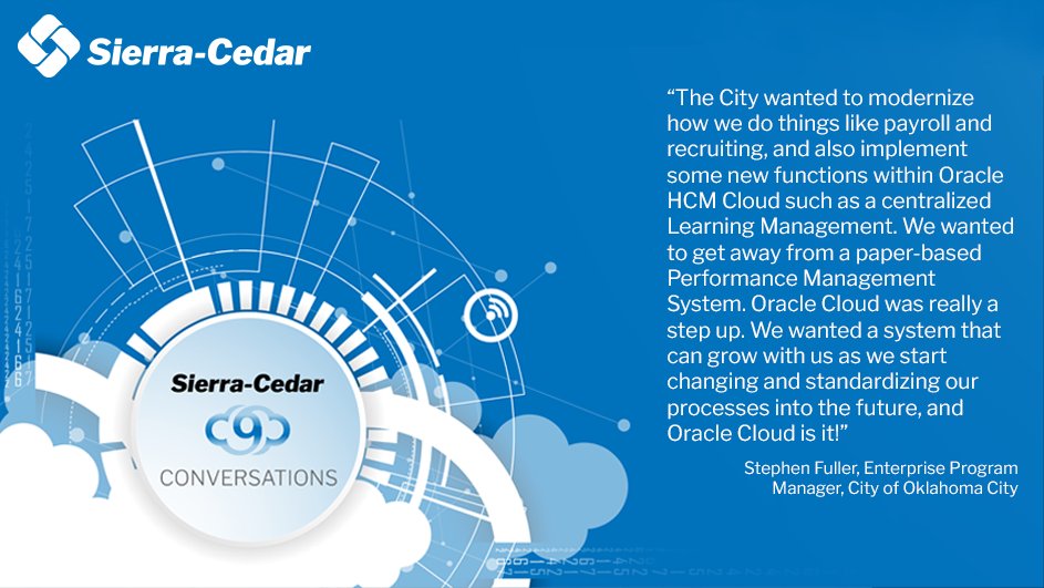 Stephen Fuller, Enterprise Program Manager at the City of Oklahoma City, answers nine questions for an #Oracle #Cloud Applications Customer in this episode of Sierra-Cedar’s #OnCloud9 webcast series. Watch now! buff.ly/3D7GnO2 #SierraCedar #WhySierraCedar <a href="/cityofokc/">City of OKC</a>