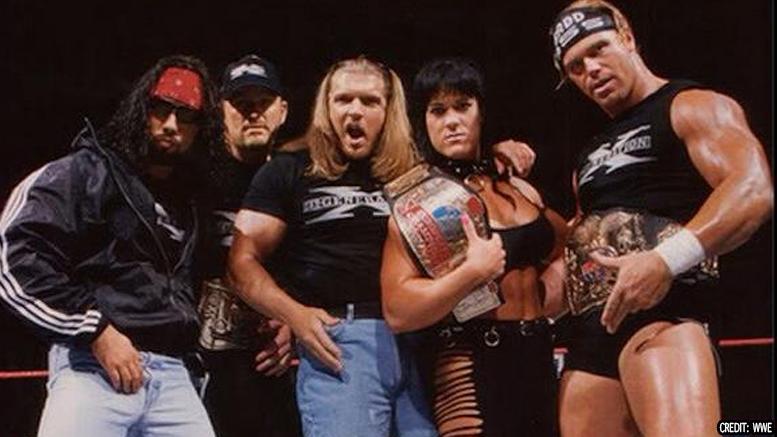 Lessthan2000's tweet photo. In 1997, #ShawnMichaels and #TripleH formed #DegenerationX.  Grown men doing crotch crops with the catch phrase #SuckIt, they were the vanguard of the #WWF #AttitudeEra. #MikeTyson joined #DX in the build to #Wrestlemania14

#HBK #HHH #Chyna #90sWrestling #MondayNightWar https://t.co/M8nYmSCPai