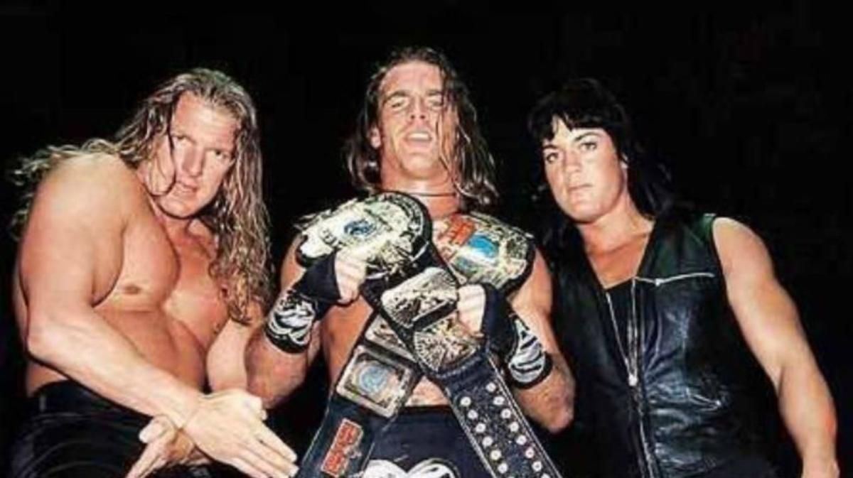Lessthan2000's tweet photo. In 1997, #ShawnMichaels and #TripleH formed #DegenerationX.  Grown men doing crotch crops with the catch phrase #SuckIt, they were the vanguard of the #WWF #AttitudeEra. #MikeTyson joined #DX in the build to #Wrestlemania14

#HBK #HHH #Chyna #90sWrestling #MondayNightWar https://t.co/M8nYmSCPai