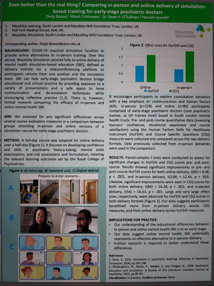 Great to see our poster at #ASPIH2021 , comparing in-person and digital simulation for early-stage psychiatric doctors. Brilliant work <a href="/OwenPOSullivan1/">Owen O'Sullivan</a> <a href="/hannah_105/">hannah iannelli</a> and team!