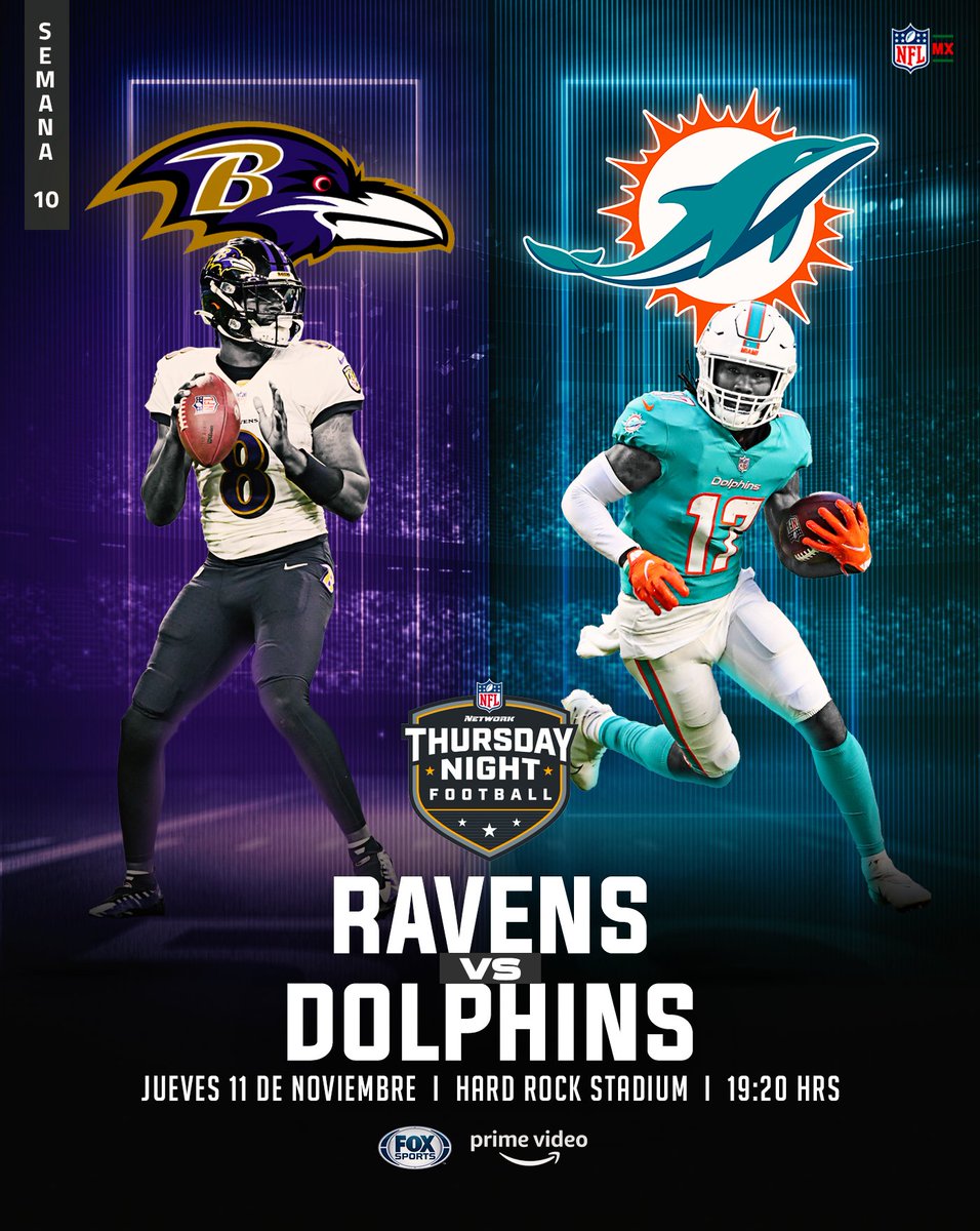 nflmx's tweet photo. En la única ocasión que Lamar Jackson con los @Ravens enfrentó a los @MiamiDolphins, lanzó 5 pases de TD y tuvo un Passer Rating perfecto de 158.8, ¿repetirá la dosis en el TNF? 🐦🐬

📺 @FOXSportsMX / @PrimeVideoMX 

#NFLMX #RavensFlock #FunsUp https://t.co/ZF3oaPuLwO