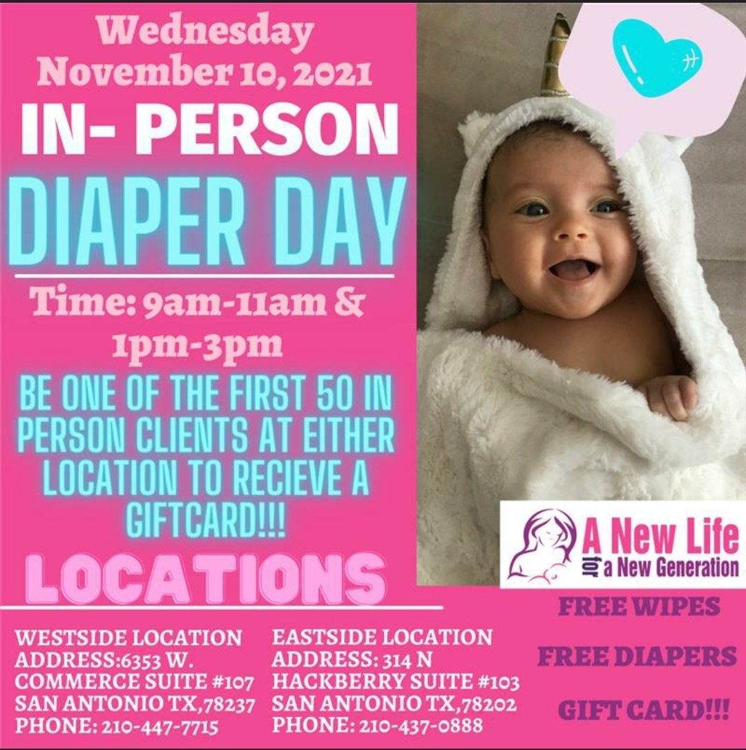 Join us today for in person #DiaperDay!!! 

Visit either location to pick up #FreeDiapers and #FreeWipes📍West 6353 W Commerce San Antonio TX 78237 
or📍East 314 N Hackberry, San Antonio TX 78202
Call our offices to check in once you arrive ☎️ W 210-447-7715 ☎️ E 210-437-0888