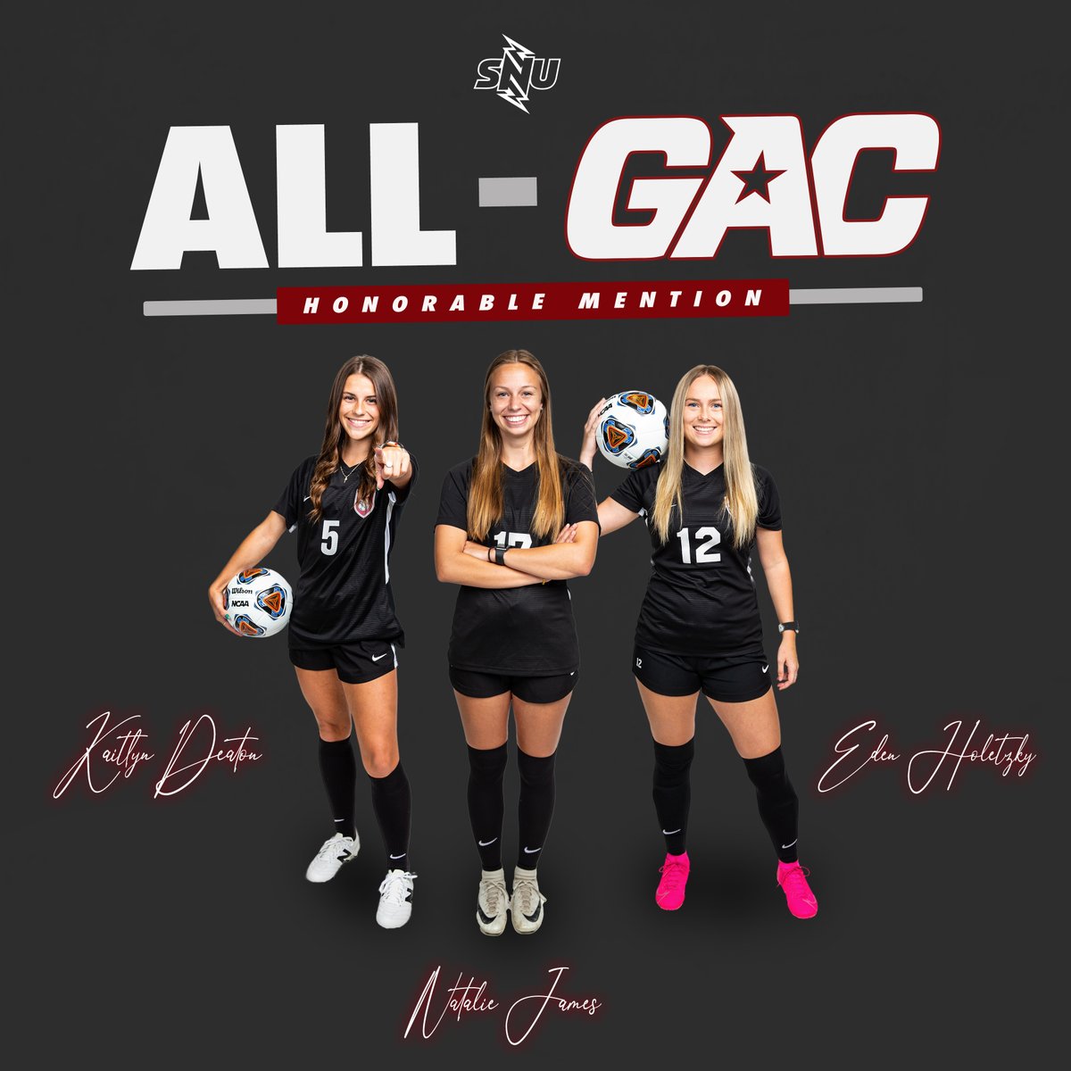 Our first round of All-GAC honors!

Congrats to <a href="/kaitlyndeaton01/">kait</a> <a href="/_nataliejames_/">Natalie James</a> and @edenholetzky from <a href="/SNUSoccerW/">SNU Women's Soccer</a> for receiving All-GAC Honorable Mention honors!

#BoltsUp⚡️