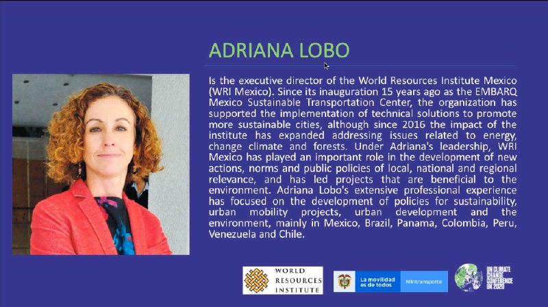 WRIMexico's tweet photo. #HOY En el marco de #COP26 , durante el panel “Zero emission public transportation system”, @AdrianaLoboWRI presenta “Driving the zero-emission transition in transport”, donde aborda casos de las ciudades colombianas #Neiva, #Montería y #Pasto 
#TransportDay https://t.co/SqdRXiKeIk