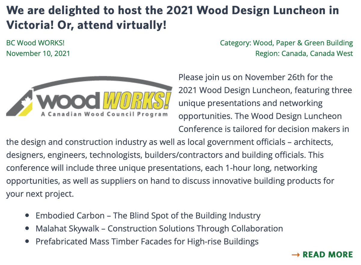 The next @WoodWORKSBC_CWC Wood Design Luncheon will be in Victoria on Nov 26th. Here's the details. eventbrite.ca/e/2021-wood-de…