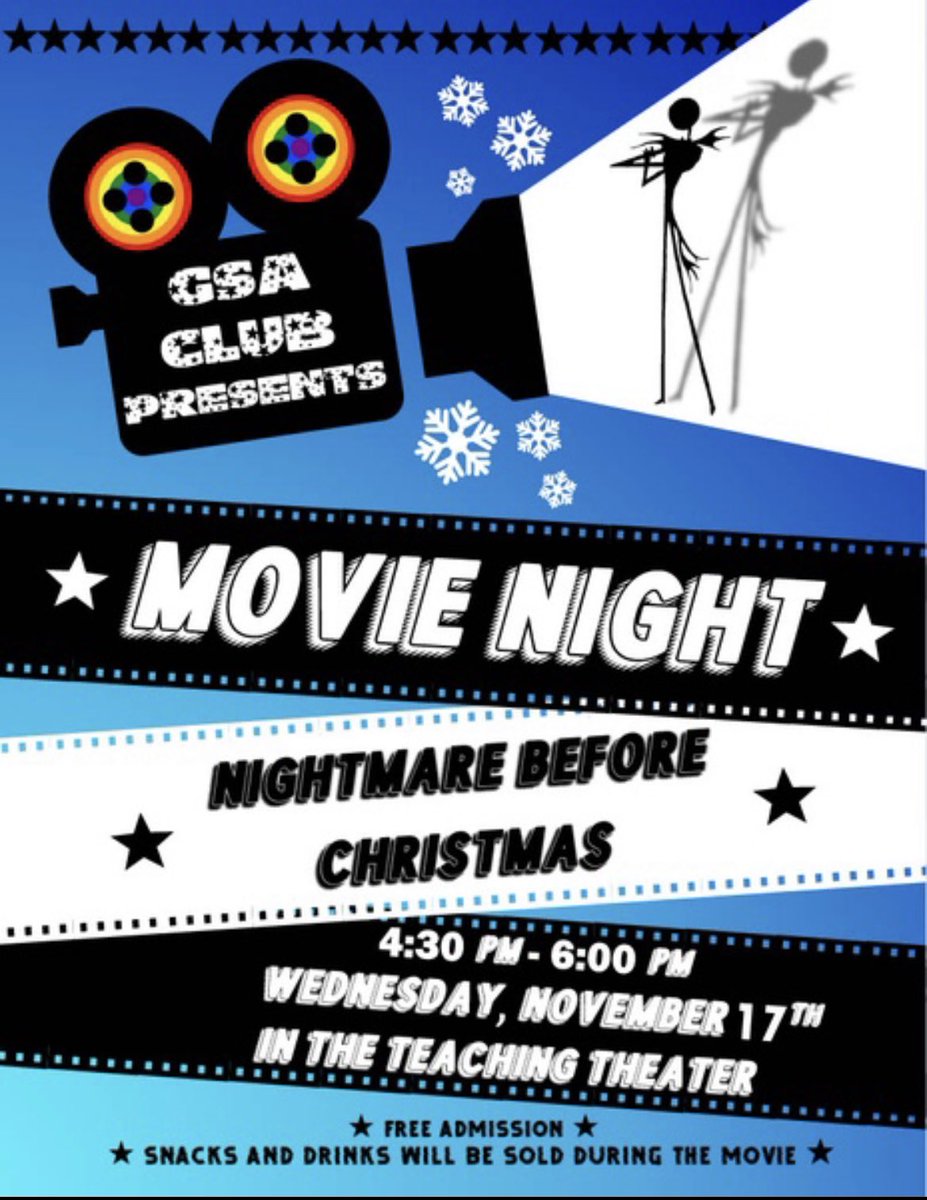 GsaChavez's tweet photo. Join us for night of horror and joy! GSA presents a movie night playing Nightmare Before Christmas, admission is free and concessions will be sold!☠️🎄 https://t.co/qvDCQDHl05