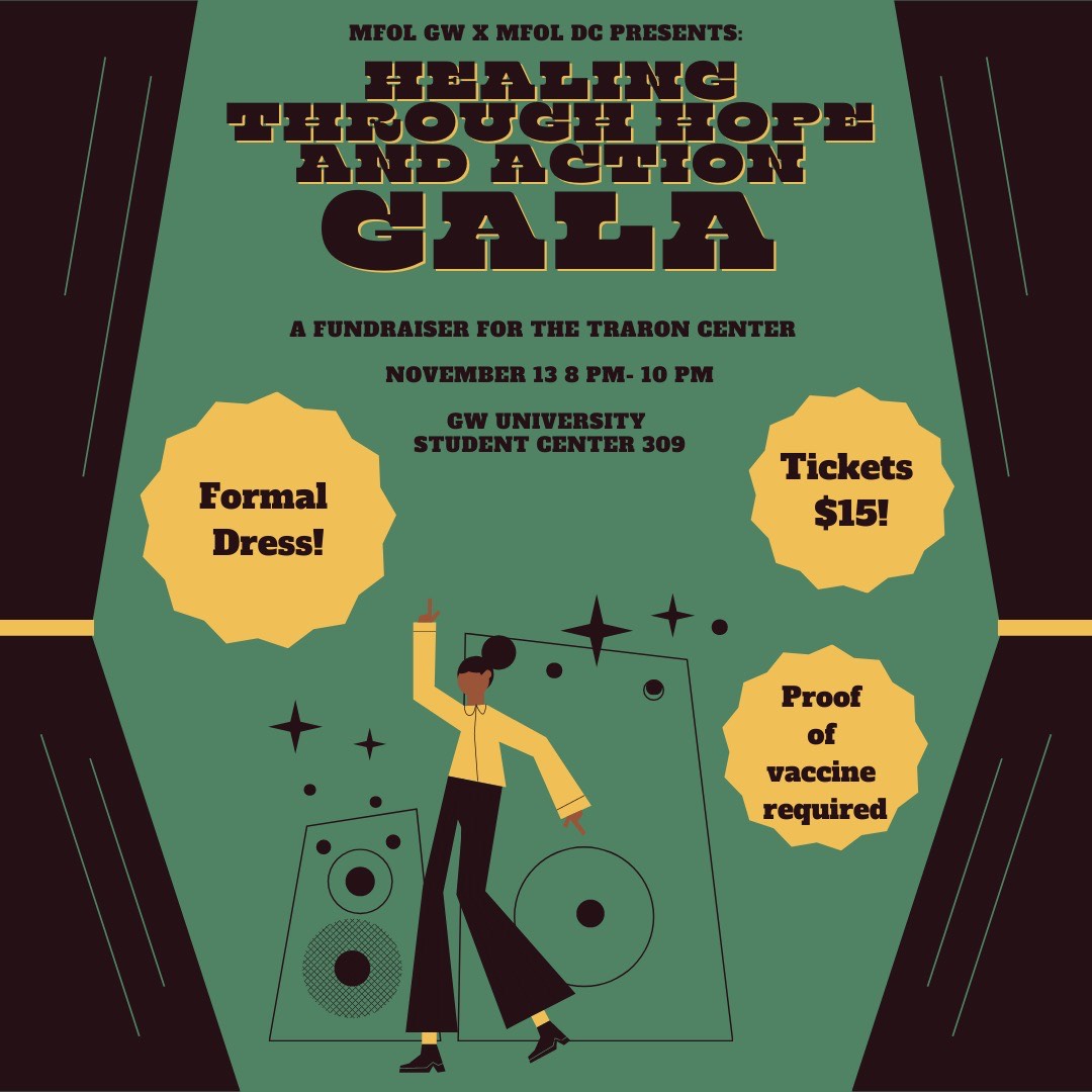 Join MFOL DC x MFOL GW this Saturday, November 13th, for our Healing Through Hope and Action Fundraising Gala! We’re fundraising for the TraRon Center, a local org is DC who helps victims of gun violence and their families heal through art therapy!