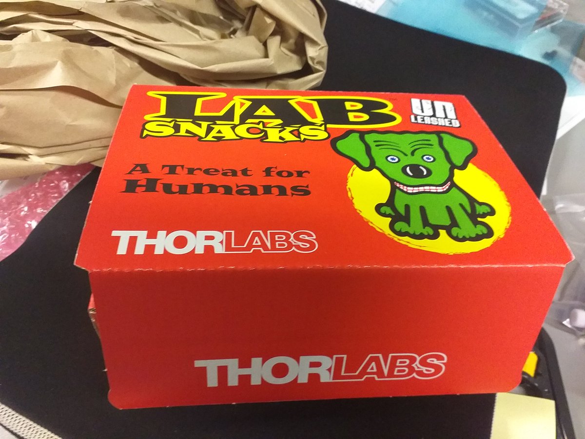 GlassHalfArsed's tweet photo. The most wholesome thing I've come across while working in photonics is that, when you order equipment from @Thorlabs, they include a little box of "Lab Snacks". https://t.co/llAIXWZAu2
