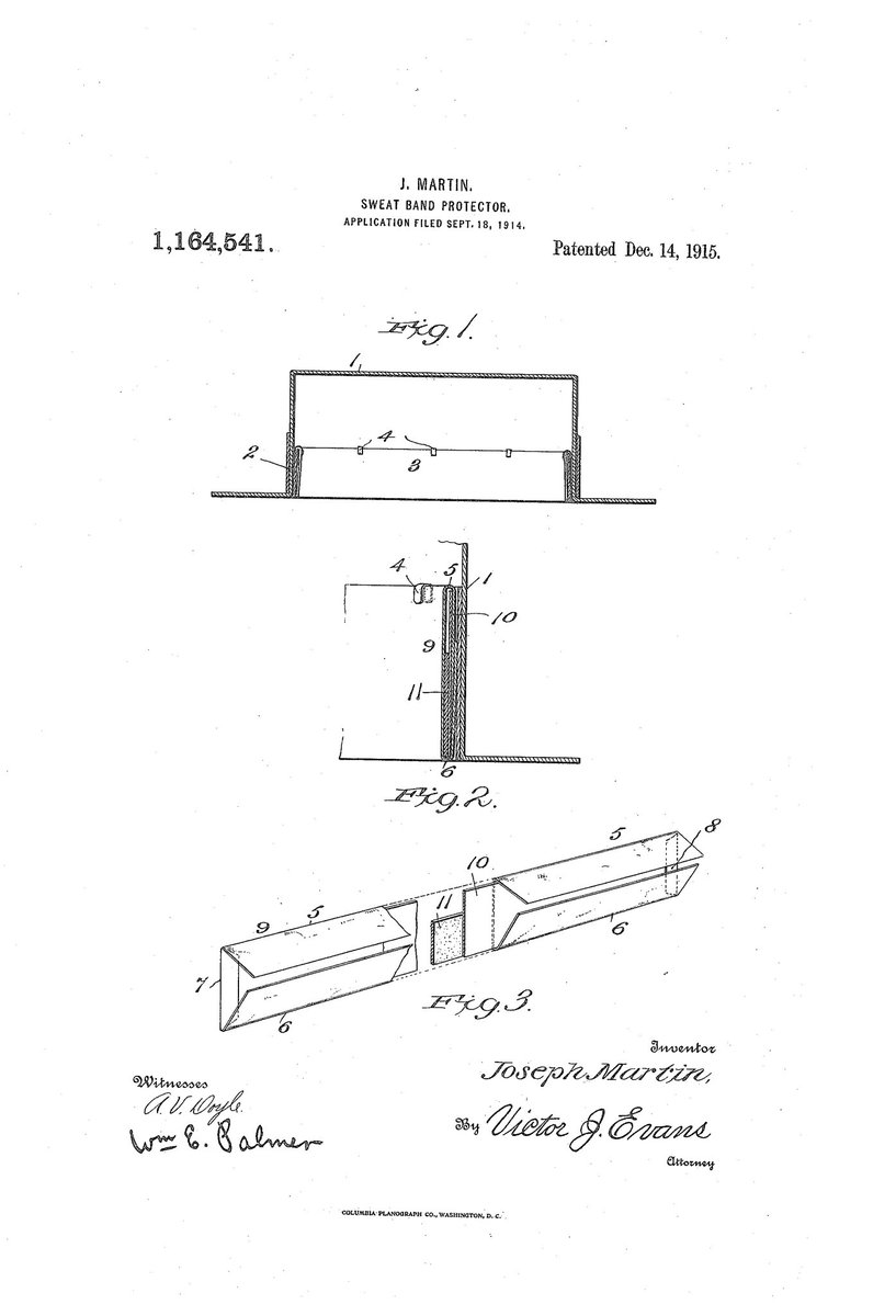 ChewytheSeal's tweet image. SWEAT-BAND PROTECTOR - US1164541A
Inventor - Joseph Martin
Granted in 1914

#TeamSeal #practicalpatent 

@ExplodingPossum @JillLum1 @Pixieprogrammer @gypsea1997 @BrazilBonny @chirpykittys @fred7722 @SilentHeadbang1