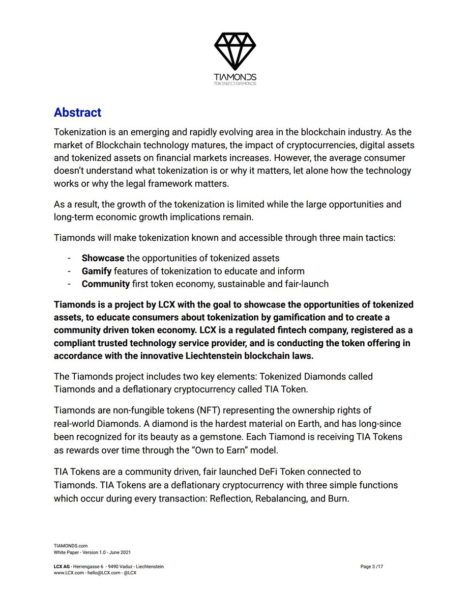 totofinance's tweet photo. Key Infos about Tiamonds by @LCX 
👉 Issuing of 100 Tokenized #NFT Real Diamonds 💎
👉 Tiamonds holders will get 1 million $TIA token
🔗 White Paper https://t.co/XYXKFZaOQU
🛒 Sign up and get verified at https://t.co/VWDC1DGPTZ
ℹ️ Compliant and Regulator Registered Token Offering https://t.co/rzgmPrIheR