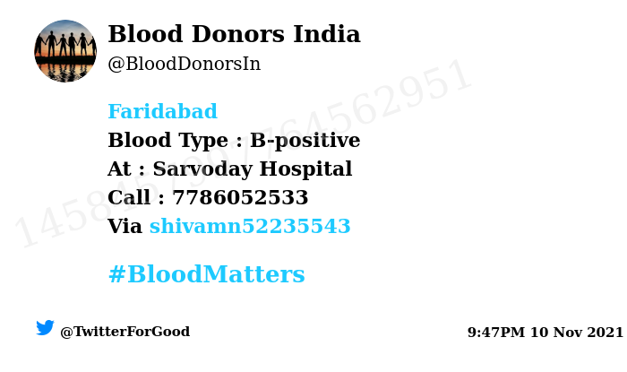 #Faridabad
Need #Blood Type :  B-positive
Blood Component : Platelets
Number of Units : 2
Primary Number : 7786052533
Secondary Number : 9984666000
Via: <a href="/shivamn52235543/">Shivam Nagpal 🇮🇳</a>
#BloodMatters
Powered by Twitter