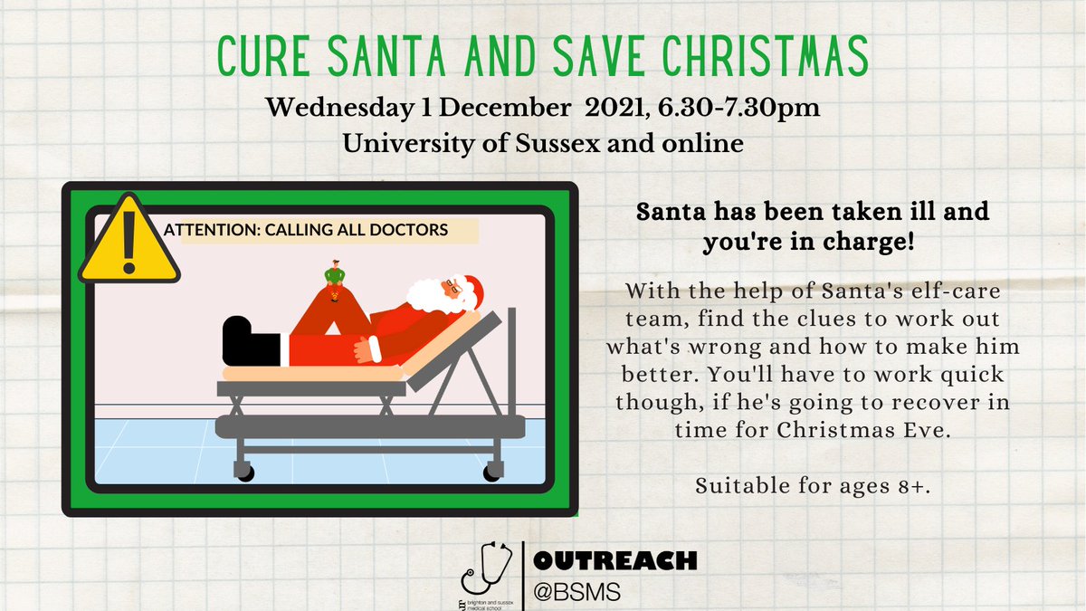 BSMSOutreach's tweet image. Our annual festive lecture is back 🙌

Get the family together and help our elf-care team to cure Santa and save Christmas!

To join us in-person➡️bit.ly/3o9gk2z
To join in online ➡️bit.ly/3kknuQv