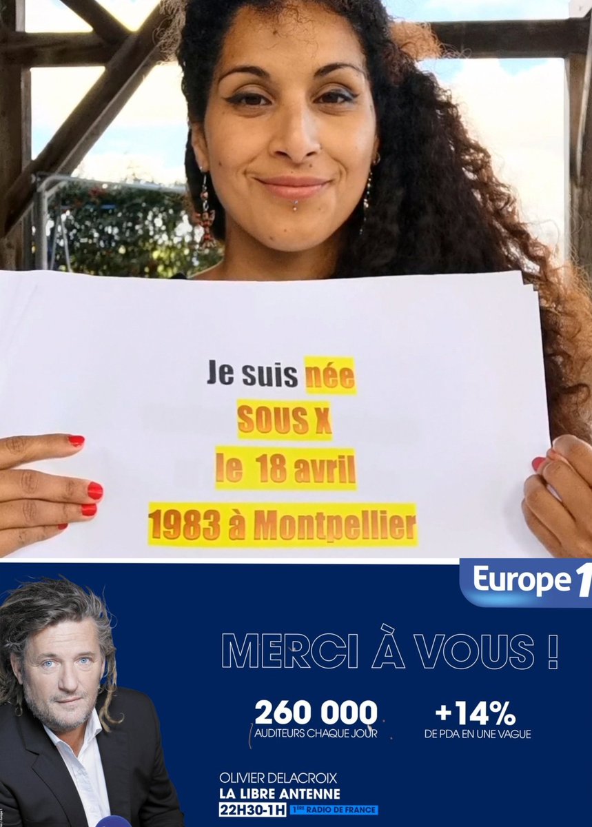 Demain soir à 22h30 je serai en live sur l'antenne d @Europe1 pour l'antenne libre d'Olivier Delacroix pour paler de la recherche de mes origines et de ma famille biologique. J'évoquerai aussi mon parcours difficile de #NésousX, d'enfant du brouillard. A d'main