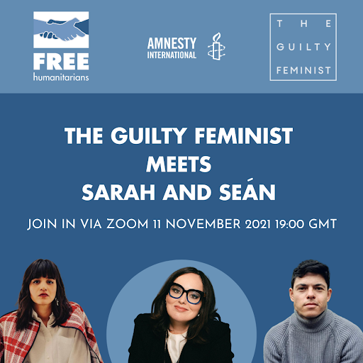 Sarah Mardini &amp; Seán Binder face 25 years in prison for saving lives at sea.

Join @GuiltFemPod in conversation with Sarah &amp; Seán this Thurs 11 Nov at 7pm.

Register for this free Zoom event: bit.ly/FreeHumanitari…

#DropTheCharges #SarahandSeán
