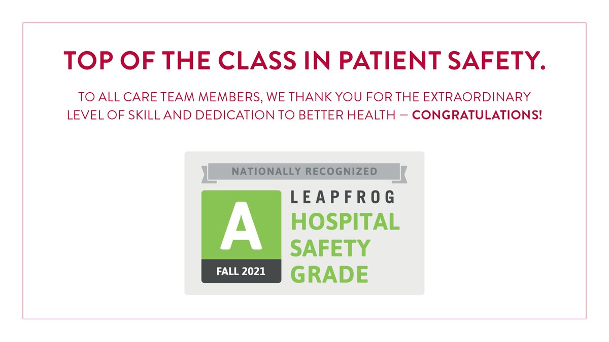 For the second fall in a row, all five eligible MaineHealth hospitals – Franklin Memorial Hospital, Maine Medical Center, Mid Coast Hospital, Pen Bay Medical Center and Southern Maine Health Care – have received a Leapfrog Hospital Safety Grade of ‘A’.  #HospitalSafetyGrade