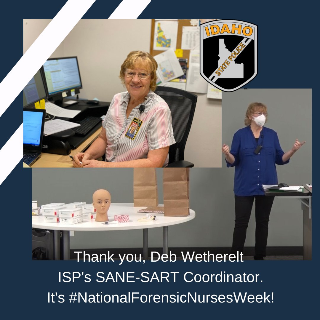 ISPHeadquarters's tweet image. It&apos;s National #ForensicNursesWeek.
Thank You to all Idaho&apos;s forensic nurses, including ISP&apos;s own SANE SART Training Coordinator. You put your knowledge, skills, and expertise to work to help patients impacted by sexual assault and domestic violence. You make a difference.