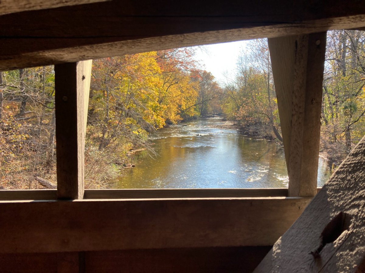 Splintergirl's tweet photo. Who wouldn't love this view for their office? This is the crew's view this week as they make repairs to the Rapps Dam Covered Bridge in PA. #oldworld https://t.co/SPTiCN1fHd
