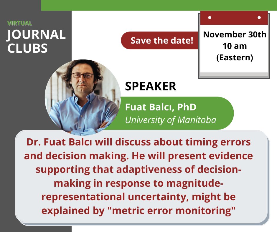 We are back with our virtual Journal club!📚 

Dr. Balci  will talk about timing errors and decision making. ⏱⏱

Registration link👇🏽
mailchi.mp/63d018ca20a4/3…

#TRF #timeperception #Timing