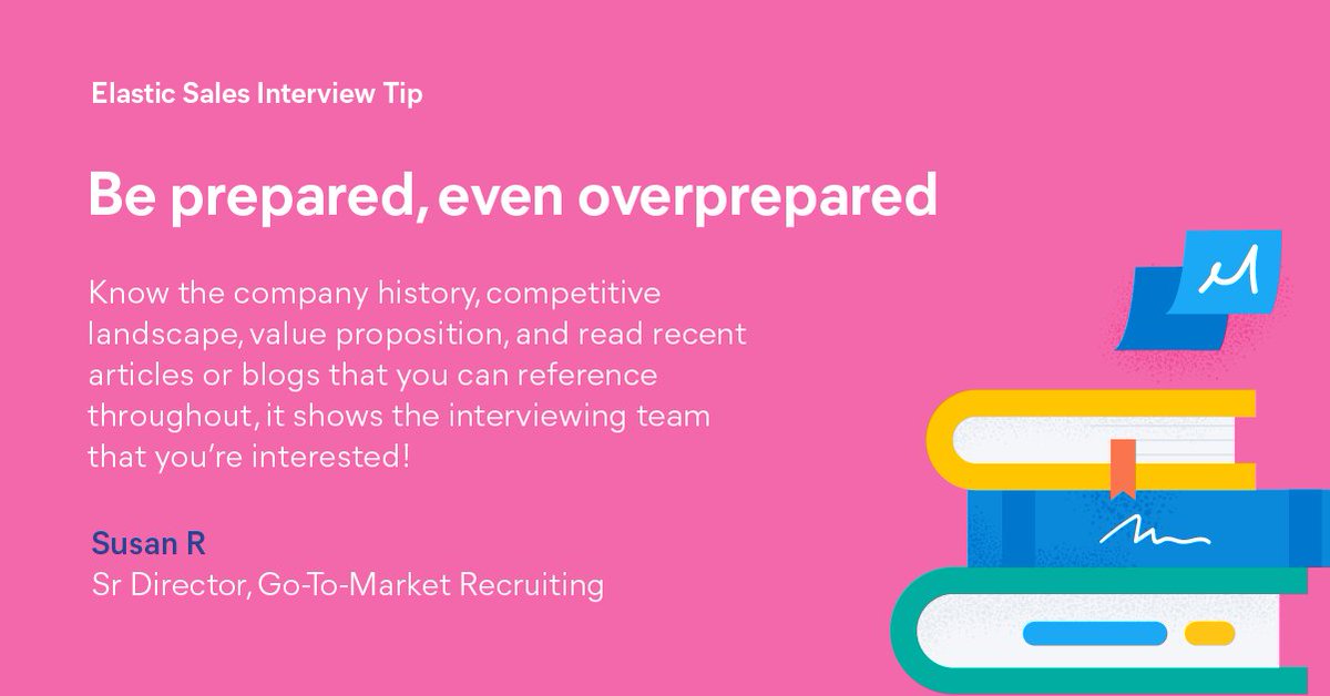 LifeAtElastic's tweet photo. โBe able to ask questions specific about Elastic to your interviewing team. Coming over prepared to a #SalesInterview expresses your interest and can help you close the next steps!โ
Susan R, Sr Dir, Recruiting shares the importance of preparation with this #InterviewTip ๐ https://t.co/sQI6L9gjk8