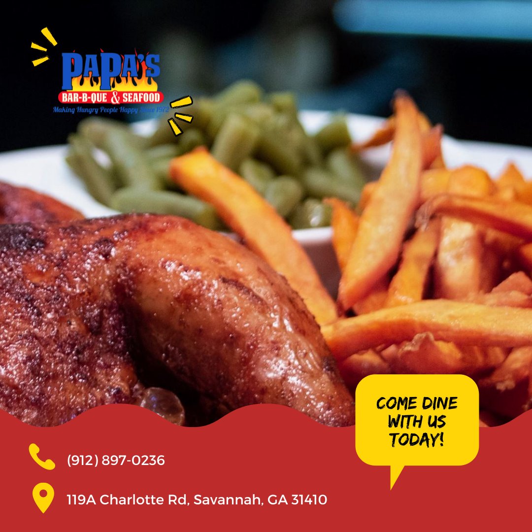 We're open today from 11:00 AM - 2:30 PM &amp; 4:30 PM - 7:30 PM! Dine-in with us or take out your favorite dishes.
#BuyLocal #Savannah #GeorgiaBBQ #Yum
